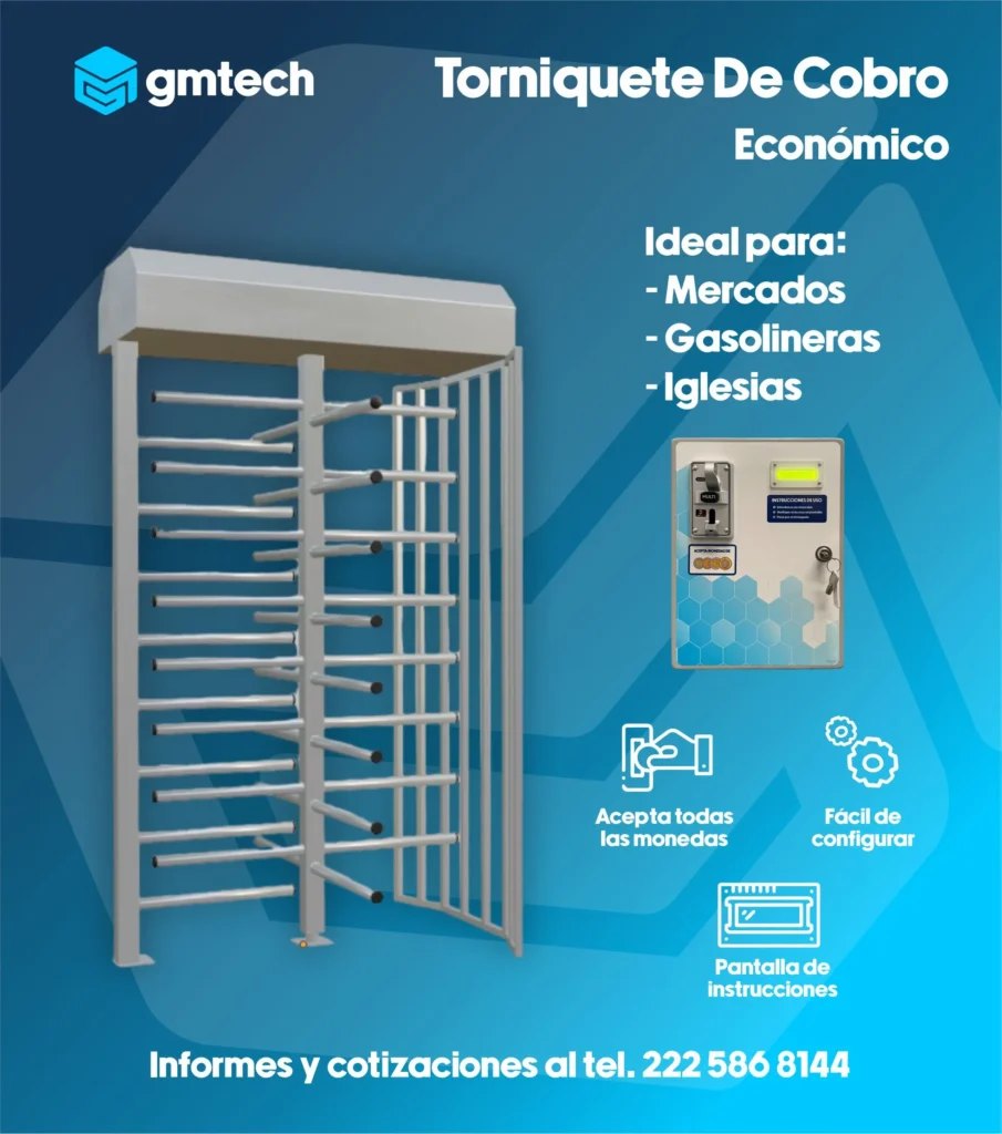Torniquete de acceso y cobro economico con cajon de cobro multimoneda